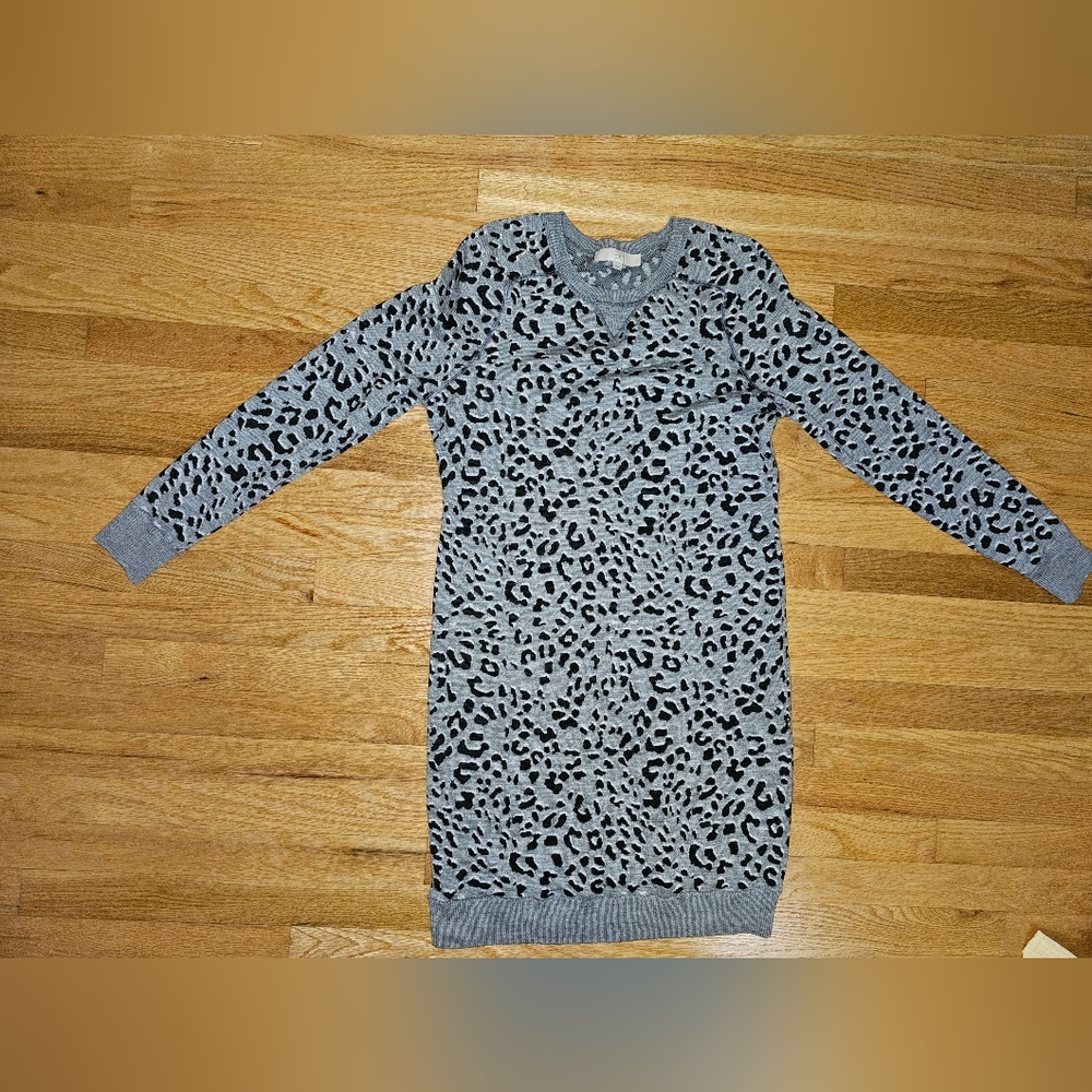 LOFT Gray and Black Leopard Print Long Sleeve Dress